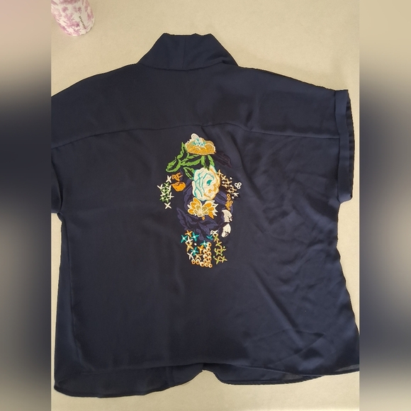 Zara Basic/ Blue Blouse with Dolman Sleeves/ Floral Applique/ Size US L - Picture 5 of 9